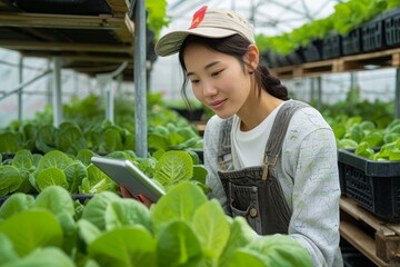 A fashionable woman carefully tends to her leafy greens in the outdoor greenhouse, using a tablet to monitor their growth and accessorizing with stylish clothing and a determined expression on her fa