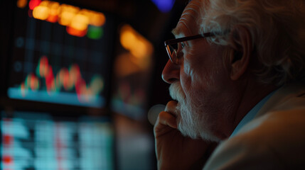 Naklejka premium Stressed pensioner in panic at digital stock market financial crisis. Panicking retired man watching crashing stocks plunging slumping bearish recession 