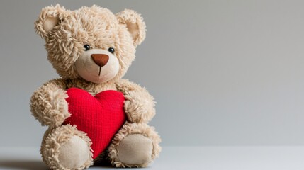 Valentines day teddy bear holding red heart on grey background
