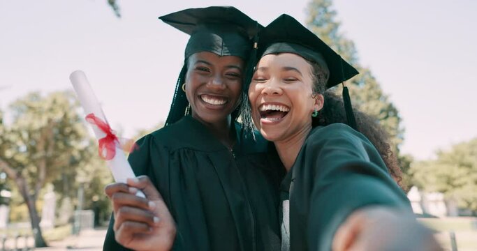 University, graduation and face of women for selfie on campus for learning, education and ceremony. College, academy and portrait of students take picture for social media, celebration and memory