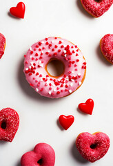 Large pink doughnut and small heart-shaped sprinkle-covered cookies on a light background.