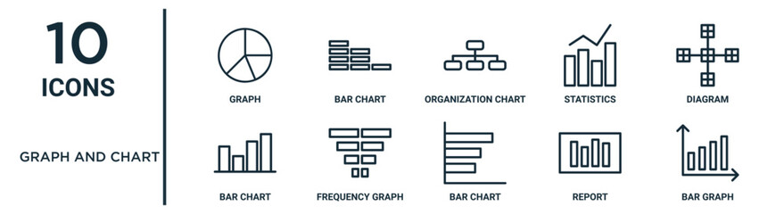 graph and chart outline icon set such as thin line graph, organization chart, diagram, frequency graph, report, bar bar chart icons for report, presentation, diagram, web design
