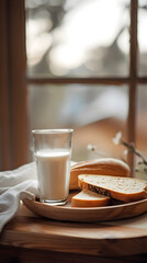 Fototapeta na wymiar A glass of milk with freshly sliced bread on a wooden tray
