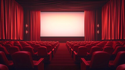 Fototapeta premium Spacious cinema theater with a wide screen, draped red curtains, and rows of seating, awaiting viewers