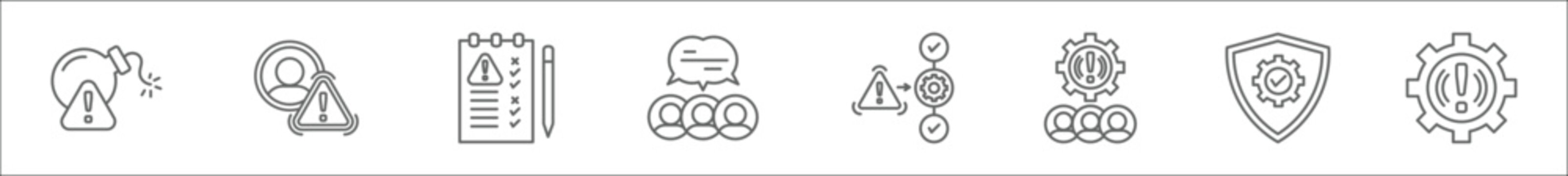 Outline Set Of Crisis Management Line Icons. Linear Vector Icons Such As Threat, Manager, Assessment, Feedback, Crisis Management, Team Management, Security, Crisis