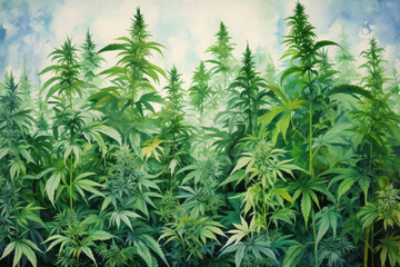 Watercolor painting of cannabis or marijuana field
