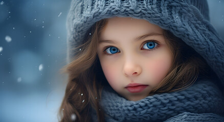 portrait of a little girl with beanie and scarf in a wintery scene in the snow