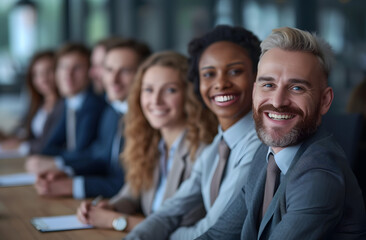 Obraz premium a group of business men and women at work smiling, in the meeting room