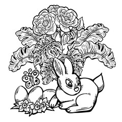 Easter bunny with basket, eggs, flowers and butterfly. Decorative design composition for poster print, greeting card, kids party invitation. Hand drawn illustration. Vintage cartoon style drawing.