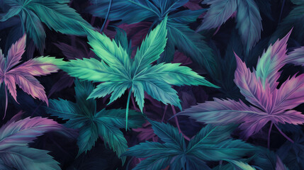 Floral background, many cannabis or hemp leaves in watercolor painting style in green and purple color on black background