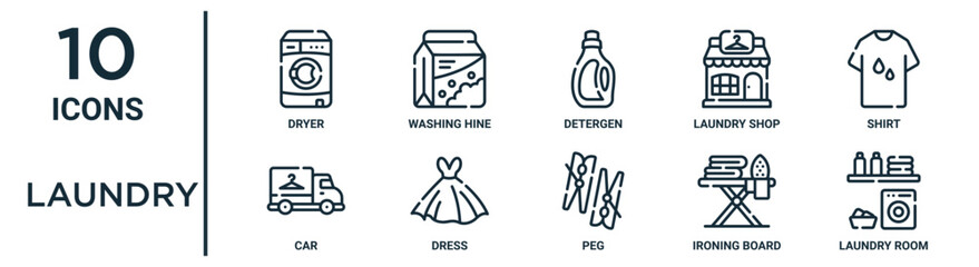 laundry outline icon set such as thin line dryer, detergen, shirt, dress, ironing board, laundry room, car icons for report, presentation, diagram, web design - obrazy, fototapety, plakaty