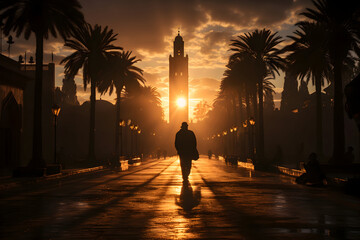 Silhouette of a man walking on the promenade at sunset. - obrazy, fototapety, plakaty