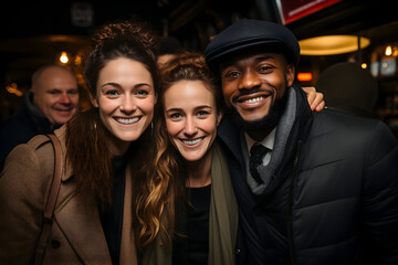 multiethnic friends smiling and looking at camera while standing in pub