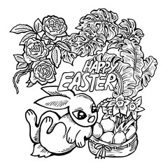 Easter bunny with basket, eggs, flowers and butterfly. Decorative design composition for poster print, greeting card, kids party invitation. Hand drawn illustration. Vintage cartoon style drawing.