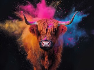 Scottish Highlander cow holipowder color explosion powder black background