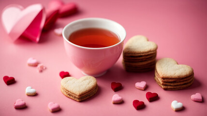 Obraz na płótnie Canvas Tea Time Affection: A Cup of Tea and Heart-shaped Cookies on a Pink Background