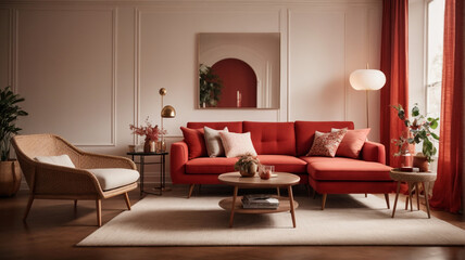 Bold Elegance: A Living Room Filled with Furniture and a Striking Red Wall