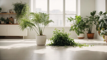 Fototapeta na wymiar Serenity Amidst Minimalism: A Room with a White Wall and Plants on the Floor