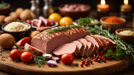 
Culinary Medley: Assorted Meats and Cooking Ingredients on Wooden Table