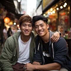Amor en cada fotograma: dos chicos con apariencia asiÃ¡tica que crean momentos Ãºnicos de amor Gay en una foto realista 