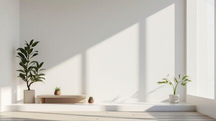 Fototapeta na wymiar Bright and Airy Minimalist Space with Decorative Plants for Product Setup