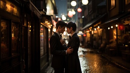 Amor en cada fotograma: dos chicos con apariencia asiÃ¡tica que crean momentos Ãºnicos de amor Gay en una foto realista  - obrazy, fototapety, plakaty