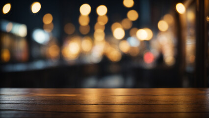 Elegant Ambiance: Background with Blurred Lights and a Table Made of Dark Wood