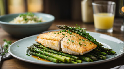 
Gourmet Fusion: Baked Tilapia Fish with Asparagus on a Ceramic Plate