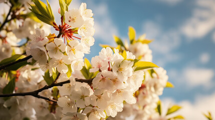 Beautiful spring time cherry blossom close up with blurred background, blue sky in the back