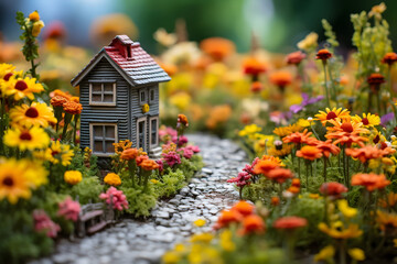 Fototapeta na wymiar Miniature model house with colorful flowers in the garden. Selective focus.