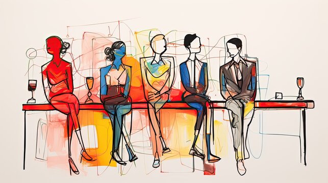 A drawing of 4 people sitting in front of a bar