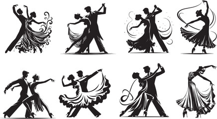 Fototapeta na wymiar ballrom dancers, dace pose vector graphics black and white set