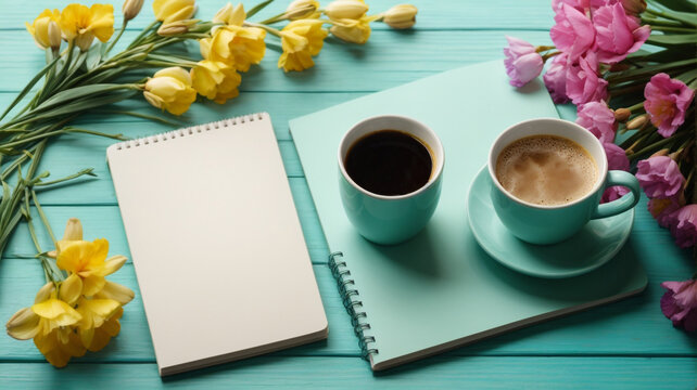 Tranquil Morning: Blank Notepad and Coffee Cup on Turquoise Wooden Table