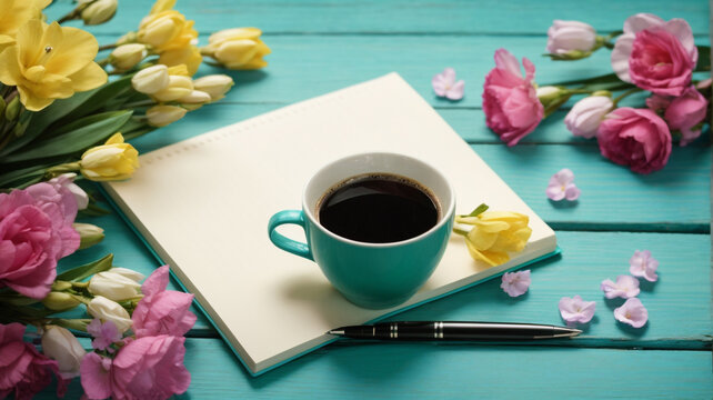 
Turquoise Tranquility: Blank Notepad, Pen, and Coffee Cup on Wooden Surface