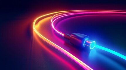 3D charger cable ad template. Charger cable with both type C adapter circle along the curving neon light trail. Concept of fast charging speed