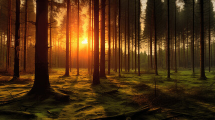 Fototapeta premium Beautiful backlit dark forest background, with the sun light beaming through the trees