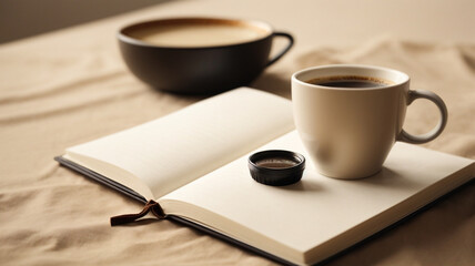 
Morning Inspiration: Blank Paper Sheet on Notebook with Cup of Coffee and Calendar