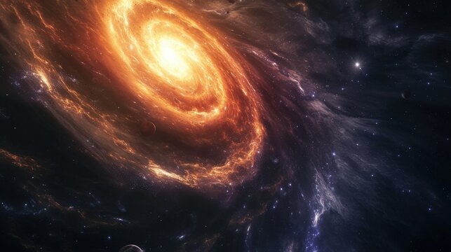 3D illustration of giant spiral galaxy, solar system. Black hole. 5K sci-fi visualization