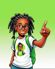 Black little girl  wearing white t-shirt with backpack,  points with her finger to the side on light green background