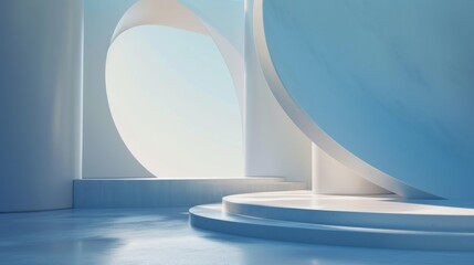 Soft Blue Curves of a Minimalist Exhibition Space for Elegant Product Presentations