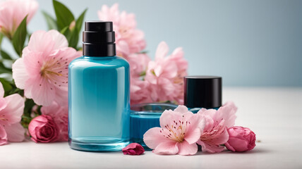 Obraz na płótnie Canvas Elegant Beauty: Blue Cosmetic Bottle and Alstroemeria Pink Flowers