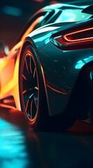 sports supercar's rear, tires gripping the track, as it accelerates under the neon glow