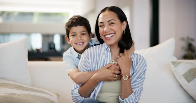 Face, mother or child hug for support in home for care, safety or bonding together to relax on sofa. Smile, love or happy single parent mom with fun male kid, son or boy in family house for security