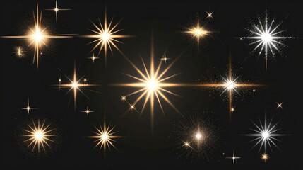 A set of glare. Flashes of light rays. Glow, radiance, glitter effect. A collection of different glowing sparks, stars. Vector illustration on a transparent background