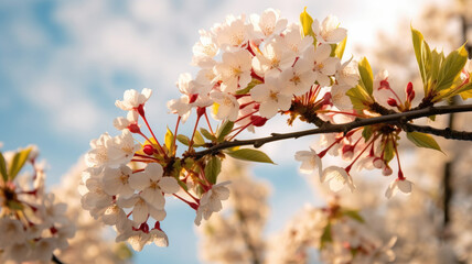 Beautiful spring time cherry blossom close up with blurred background, blue sky in the back