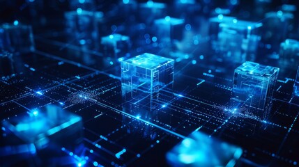 Blockchain technology. Information blocks form a decentralized global database structure. 3D illustration of nanotech cubes in cyberspace - obrazy, fototapety, plakaty