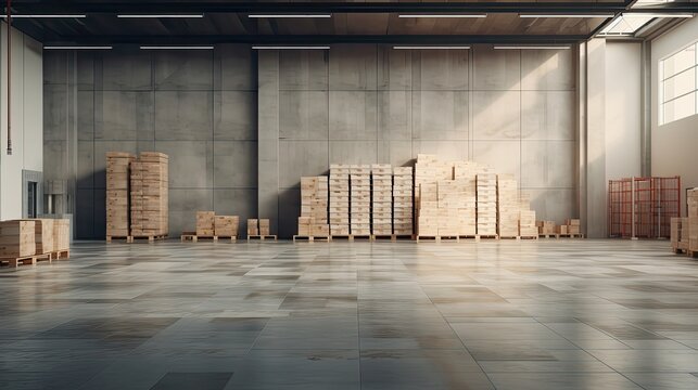 a large neat hall with a few pallets containing large
