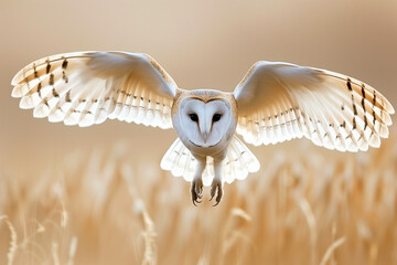 A barn owl with a heart-shaped face is gliding gracefully through the air, its wings spread wide and backlit by the sky, showcasing its impressive feather patterns and aerodynamic form