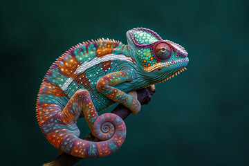 a stunningly vibrant chameleon perched on a branch, its intricate scales displaying a mesmerizing array of colors and its coiled tail exemplifying the unique adaptability of this exotic reptile