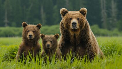 Obraz premium A mother brown bear and her two cubs sit attentively in a lush green meadow, their gaze fixed forward with the dense forest as a backdrop